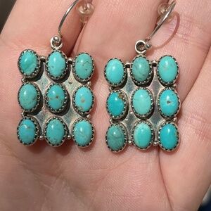 Square Cluster Snake Eye Turquoise Sterling Dangle Earrings 1.6” Long